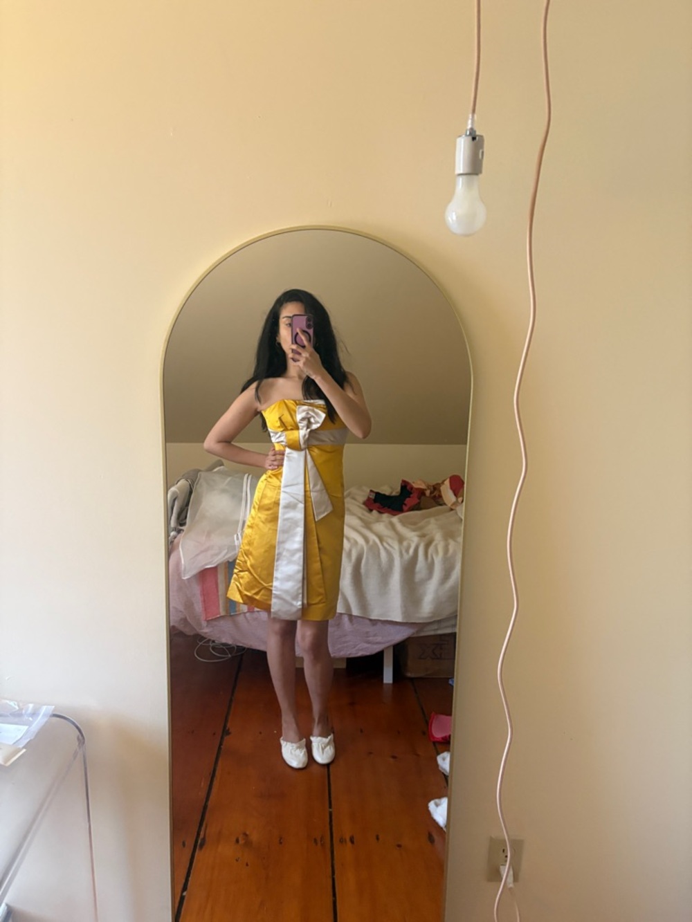 Celine Yellow Strapless Satin Dress with White Bow Panel